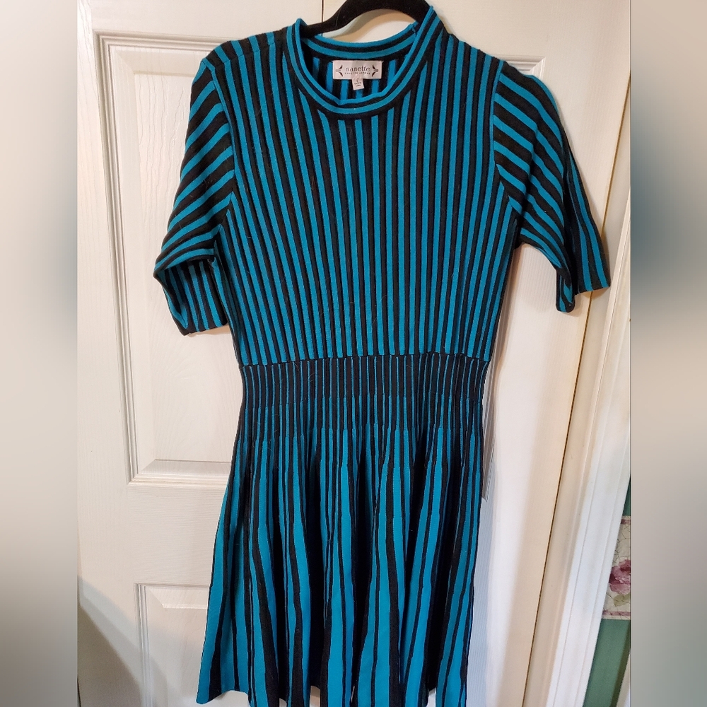 Nanette Lepore- Teal & Black Striped Dress. Large.